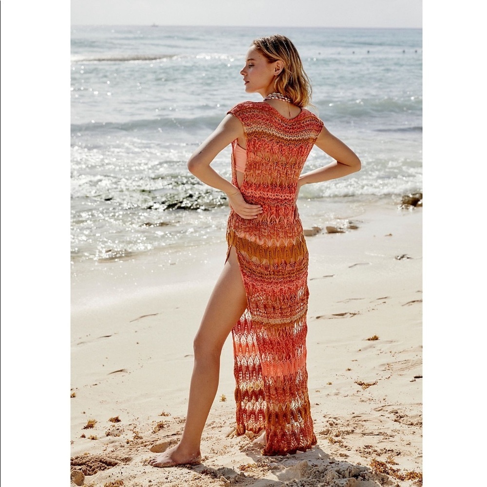 Free People Crochet Resort Maxi Cover Up Pink Orange Boho Beach Dress M/L NWT